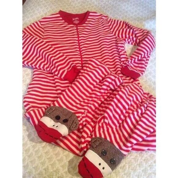 Nick & Nora Red and White Striped Sock Monkey Footed One Piece PJs Size M  Red - Picture 1 of 3